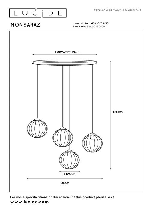 Lucide MONSARAZ - Pendant light - 4xE27 - Green - technical